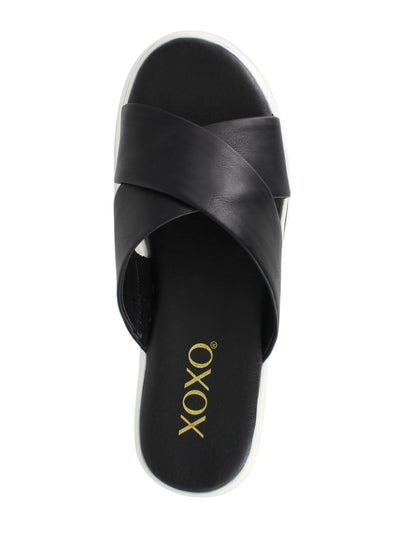 XOXO Womens Black Crisscross Straps Stripe Heel Detail 1" Platform Side Gore Cushioned Oleen Round Toe Wedge Slip On Slide Sandals Shoes 6.5 M