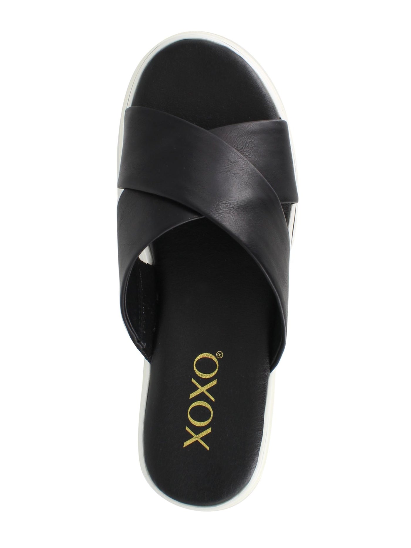 XOXO Womens Black Crisscross Straps Stripe Heel Detail1" Platform Side Gore Cushioned Oleen Round Toe Wedge Slip On Slide Sandals Shoes 8.5 M