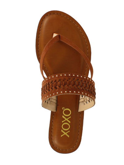 XOXO Womens Brown Weaved Design Thermoplastic Heel Studded Robby Almond Toe Slip On Thong Sandals Shoes 6.5 M
