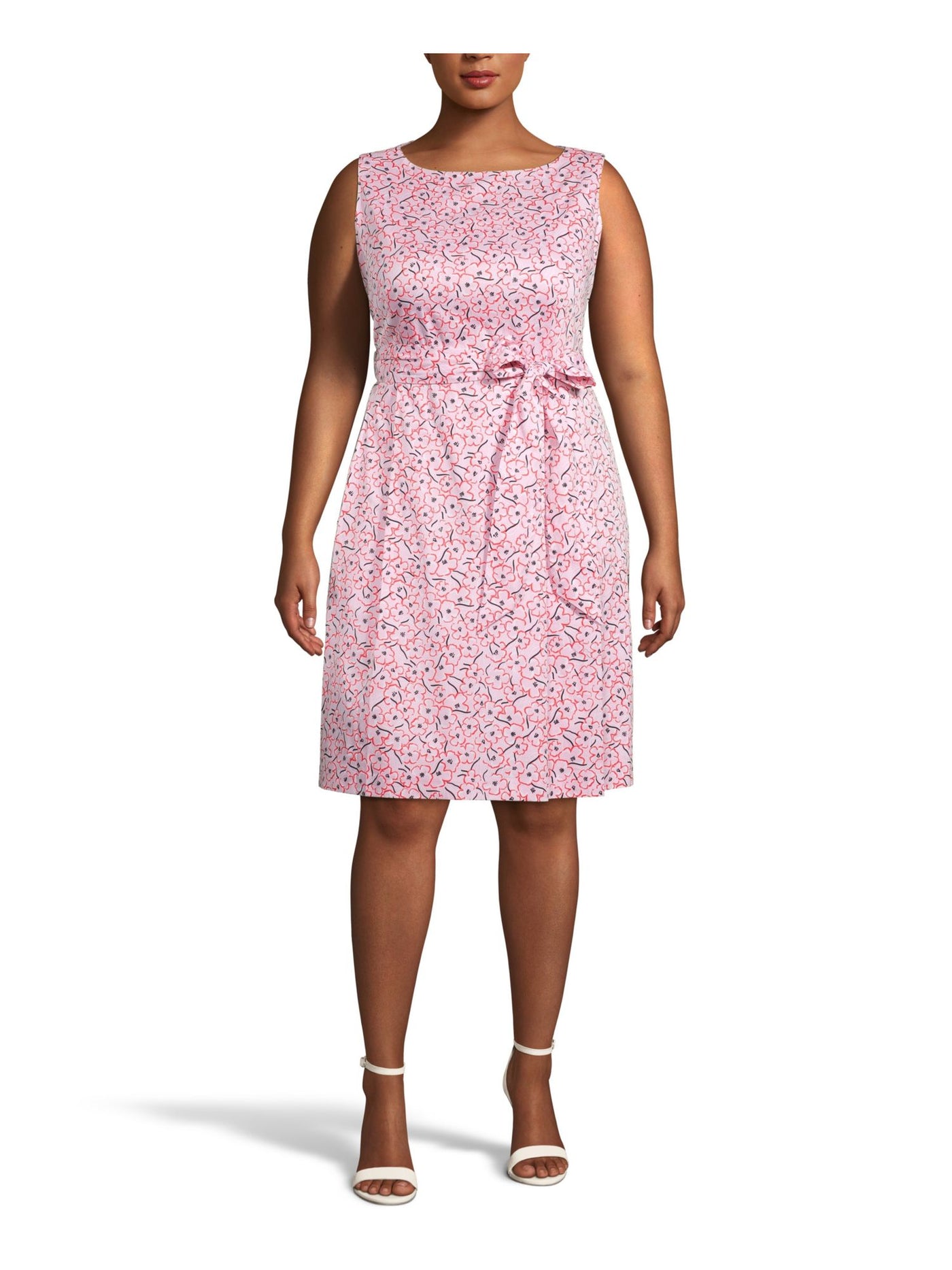 ANNE KLEIN Womens Pink Zippered Tie Floral Sleeveless Boat Neck Above The Knee Fit + Flare Dress Plus 24W