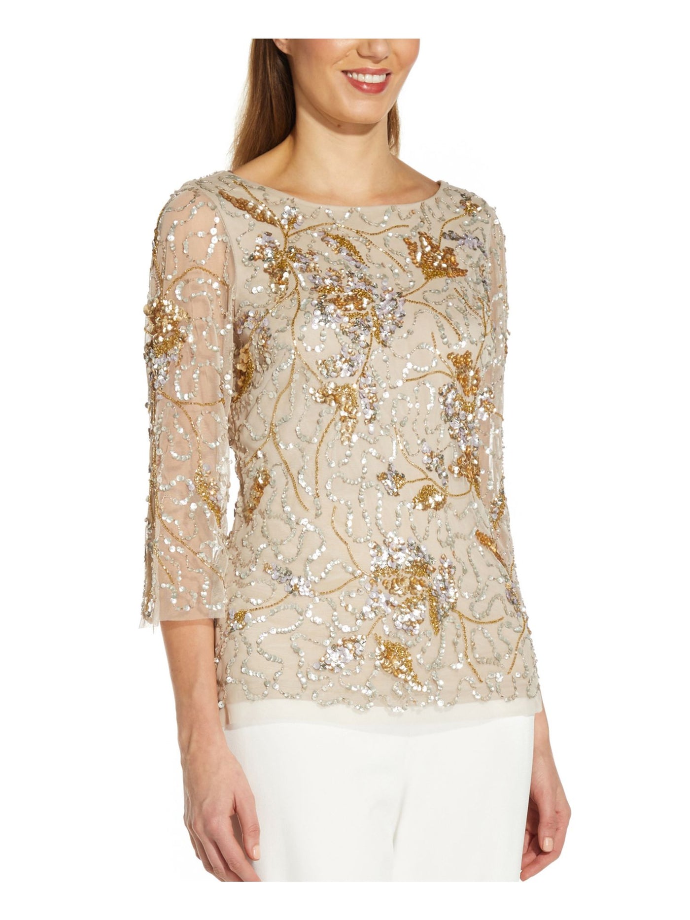 ADRIANNA PAPELL Womens Beige Zippered Embellished V-back Sheer 3/4 Sleeve Boat Neck Evening Top 2