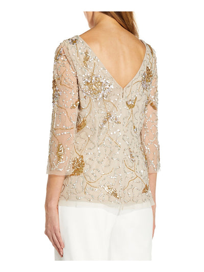 ADRIANNA PAPELL Womens Beige Zippered Embellished V-back Sheer 3/4 Sleeve Boat Neck Evening Top 2