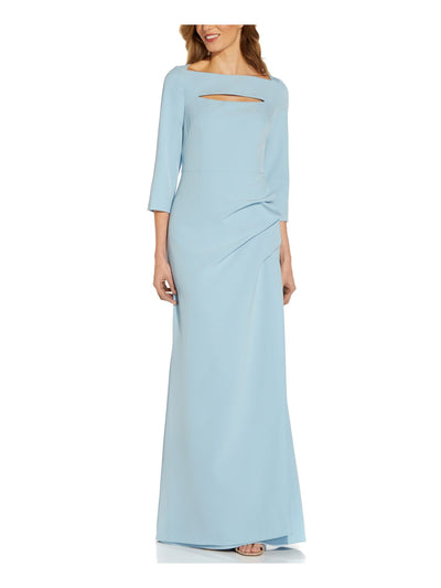 ADRIANNA PAPELL Womens Light Blue Stretch Cut Out Zippered Pleated 3/4 Sleeve Boat Neck Full-Length Formal Gown Dress 4