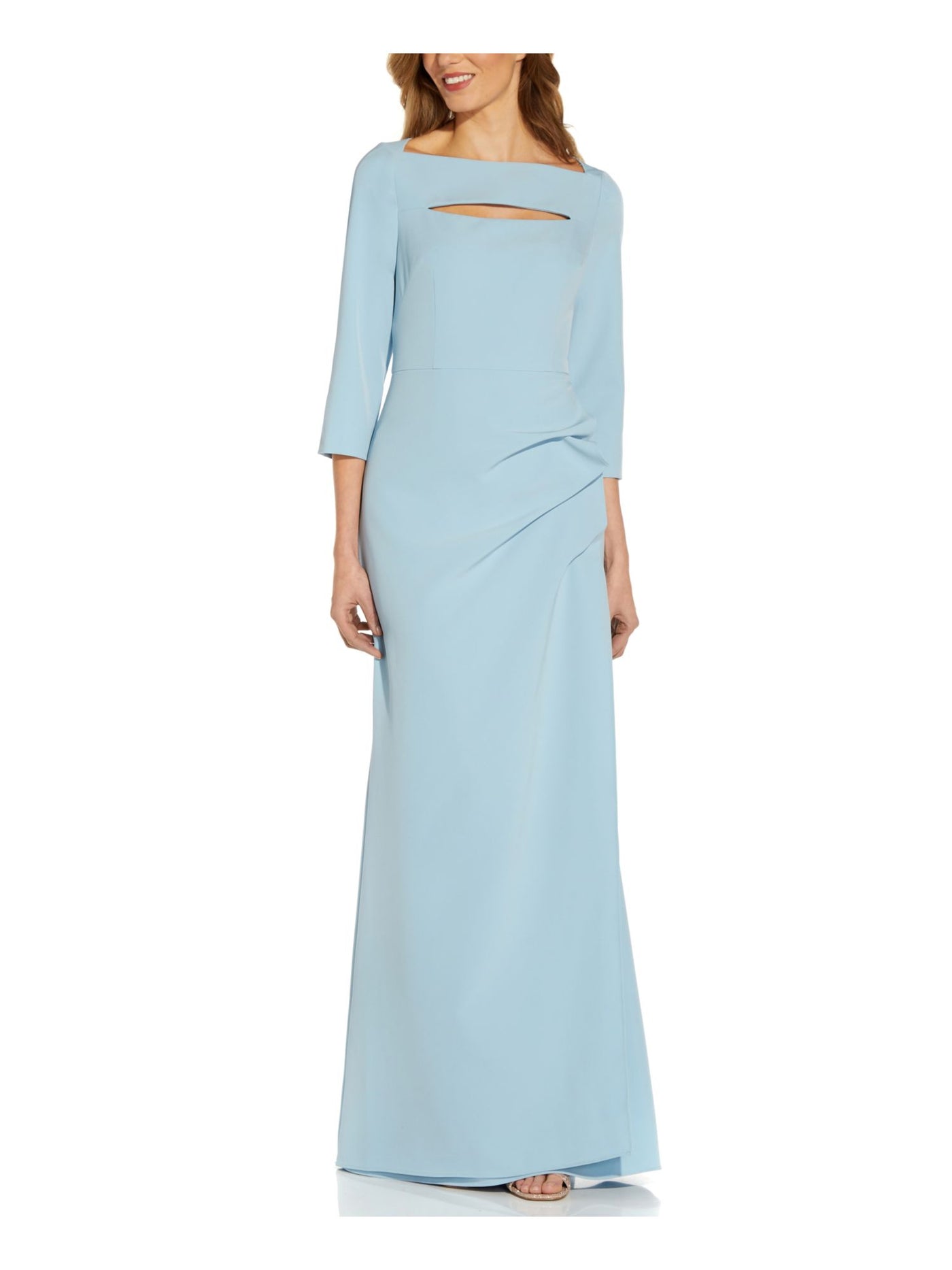 ADRIANNA PAPELL Womens Light Blue Stretch Cut Out Zippered Pleated 3/4 Sleeve Boat Neck Full-Length Formal Gown Dress 2