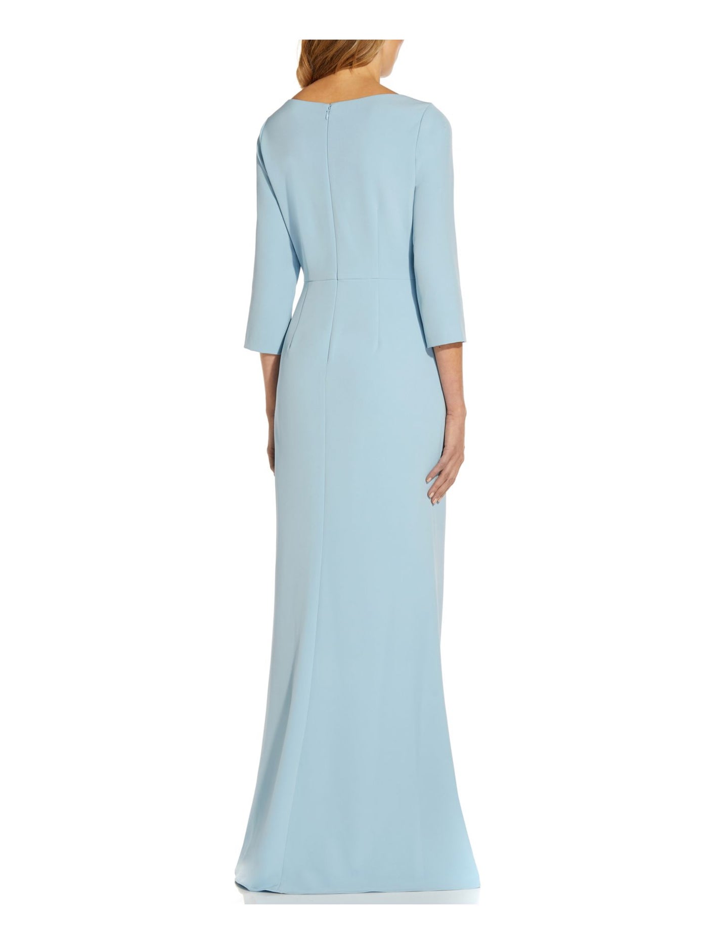 ADRIANNA PAPELL Womens Light Blue Stretch Cut Out Zippered Pleated 3/4 Sleeve Boat Neck Full-Length Formal Gown Dress 2