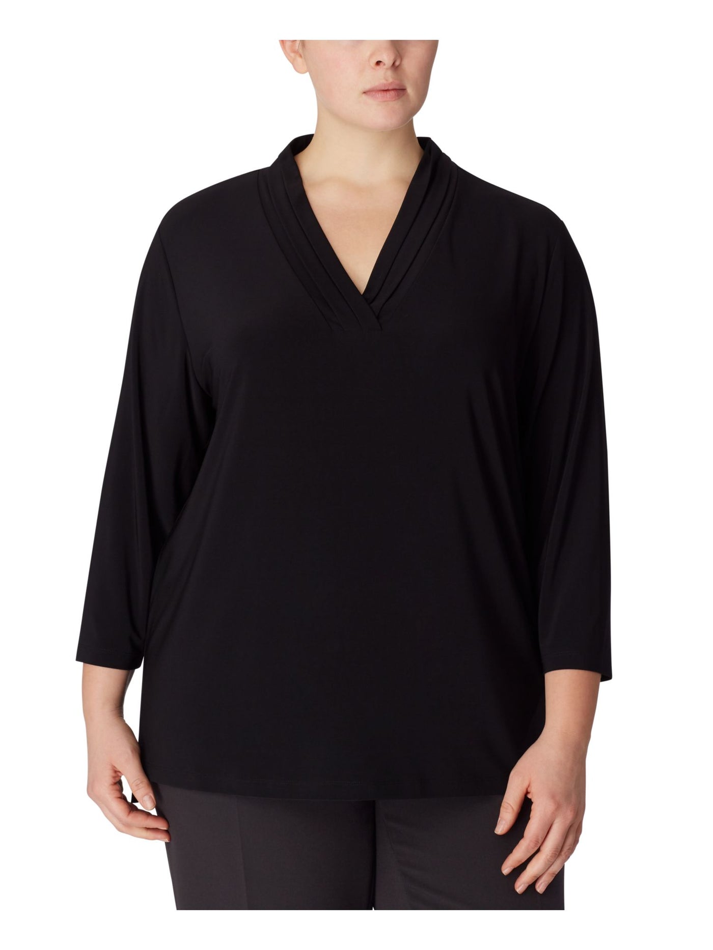 ANNE KLEIN Womens Black Stretch Pleated 3/4 Sleeve V Neck Wear To Work Top Plus 0X