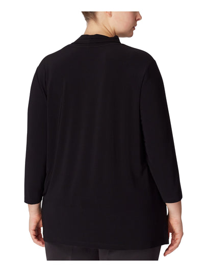 ANNE KLEIN Womens Black Stretch Pleated 3/4 Sleeve V Neck Wear To Work Top Plus 0X
