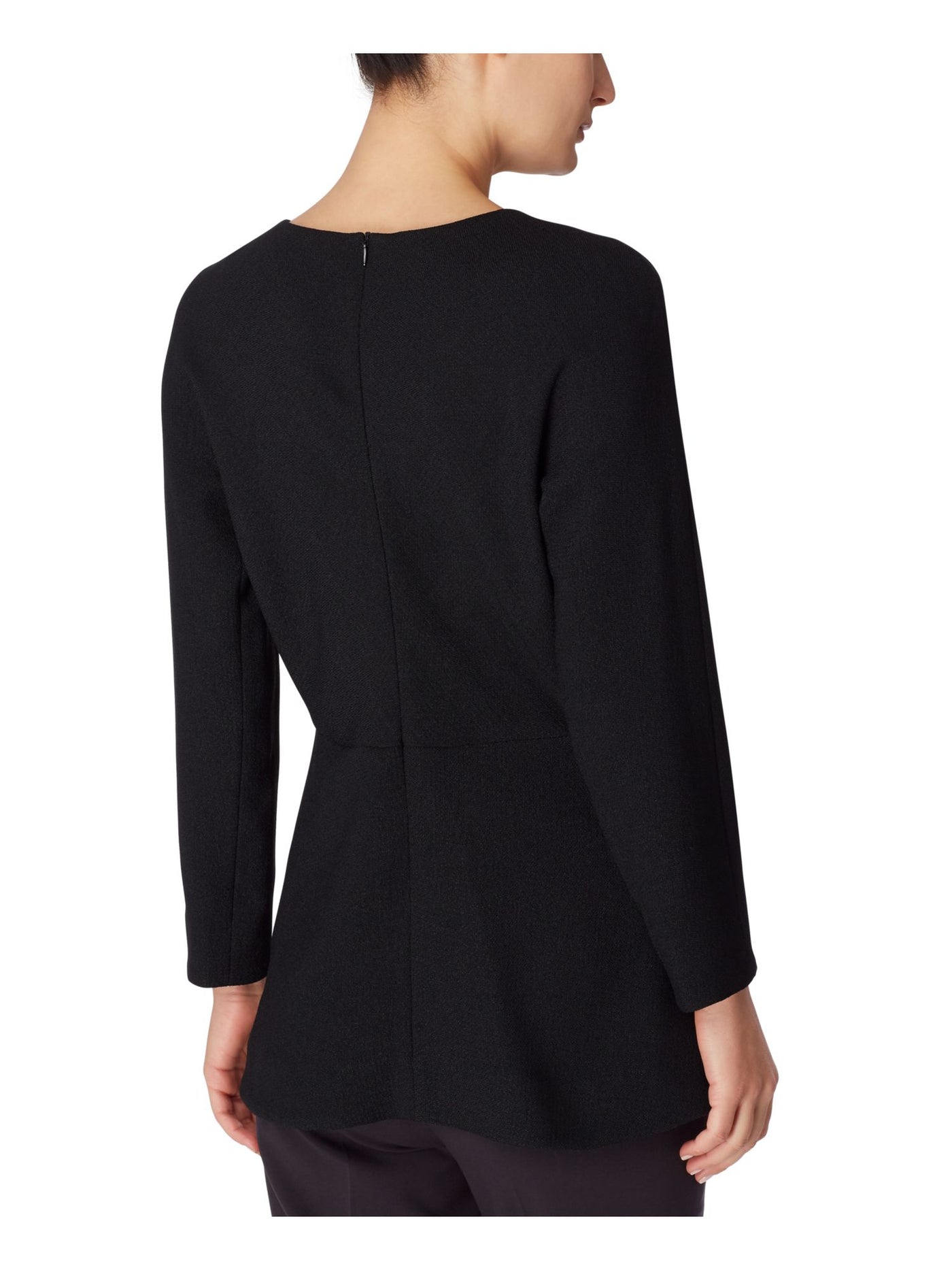 ANNE KLEIN Womens Black Stretch Zippered Textured Blouse Long Sleeve Round Neck Wear To Work Peplum Top 8