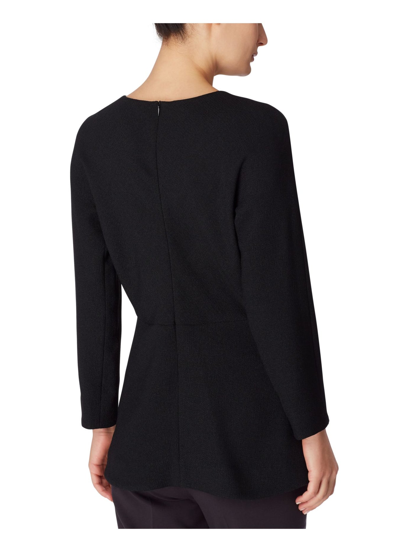 ANNE KLEIN Womens Black Stretch Zippered Textured Blouse Long Sleeve Round Neck Wear To Work Peplum Top 4