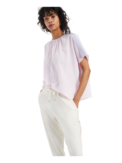 ALFANI Womens Pink Pleated Color Block Short Sleeve Jewel Neck Top S