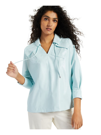 ALFANI Womens Light Blue Pocketed Drawstring Neck 3/4 Sleeve Point Collar Top M