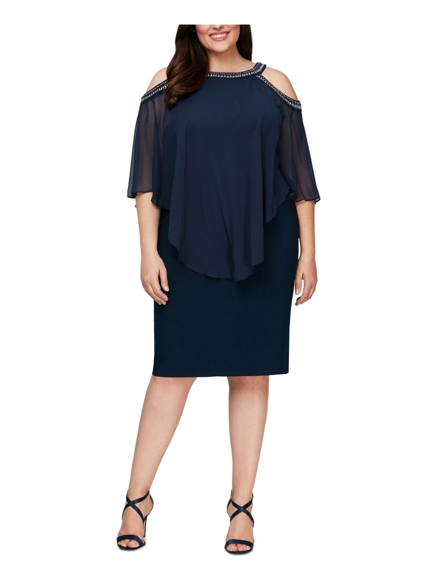 ALEX EVENINGS Womens Navy Stretch Cold Shoulder Embellished Zippered Popover Jersey Sheer Elbow Sleeve Round Neck Knee Length Evening Sheath Dress Plus 22W