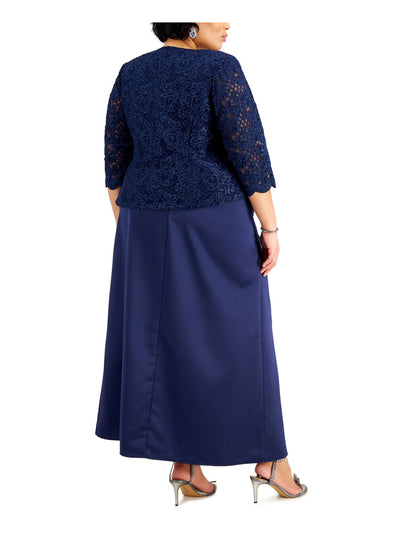 ALEX EVENINGS WOMAN Womens Navy Stretch Lace Open Front 3/4 Sleeve Jacket Sleeveless Scoop Neck Full-Length Evening Shift Dress Plus 16W