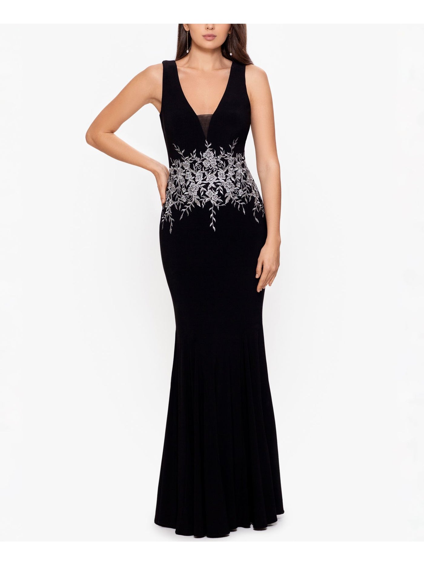 BETSY & ADAM Womens Black Stretch Zippered Embroidered Sleeveless V Neck Full-Length Evening Mermaid Dress 2