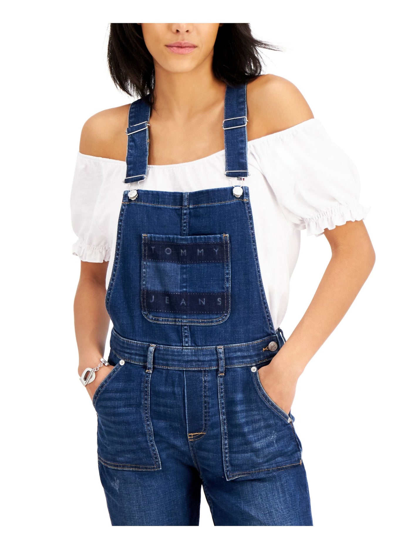 TOMMY JEANS Womens Navy Stretch Pocketed Buttoned Adjustable Overalls Sleeveless Square Neck Skinny Jumpsuit 00\ W24