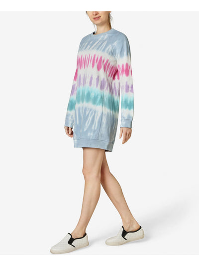 ULTRA FLIRT Womens Light Blue Tie Dye Long Sleeve Crew Neck Short Shift Dress S