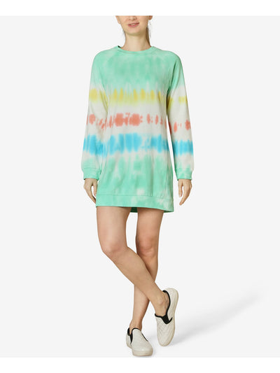 ULTRA FLIRT Womens Green Tie Dye Long Sleeve Crew Neck Short Shift Dress S