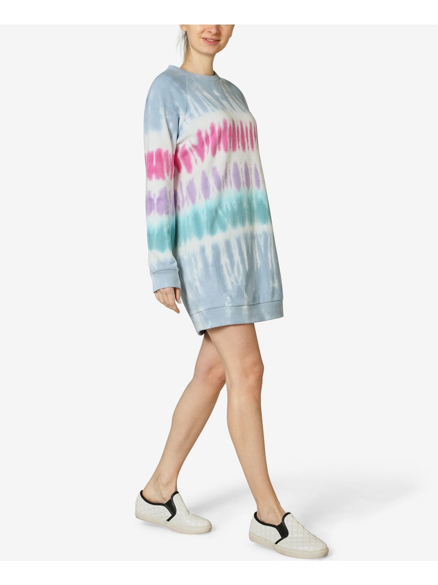 ULTRA FLIRT Womens Light Blue Tie Dye Long Sleeve Crew Neck Short Shift Dress S