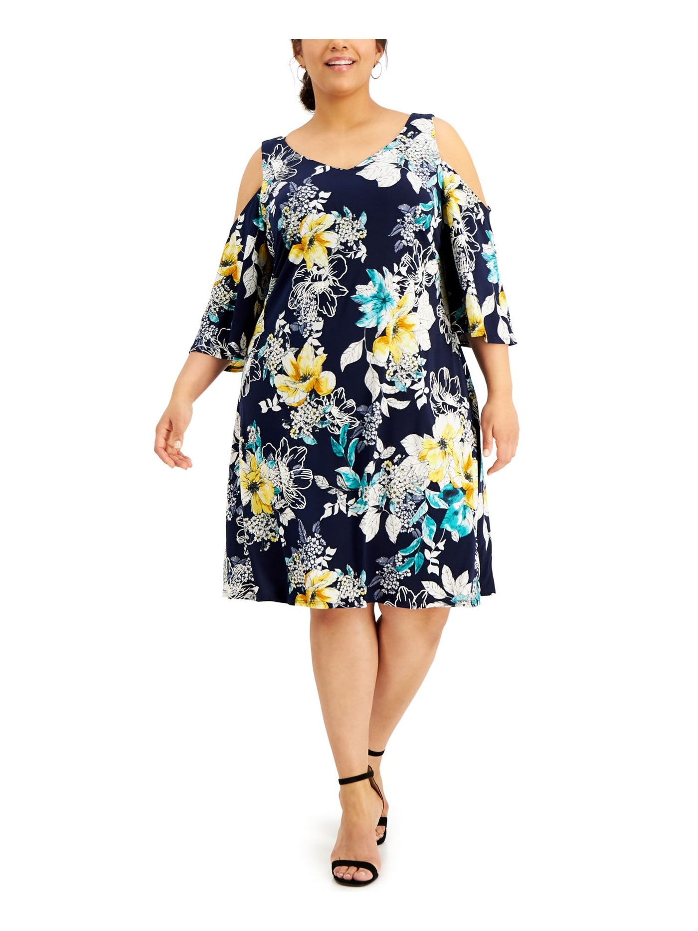 CONNECTED APPAREL Womens Navy Stretch Floral 3/4 Sleeve V Neck Short Wear To Work Shift Dress Plus 16W