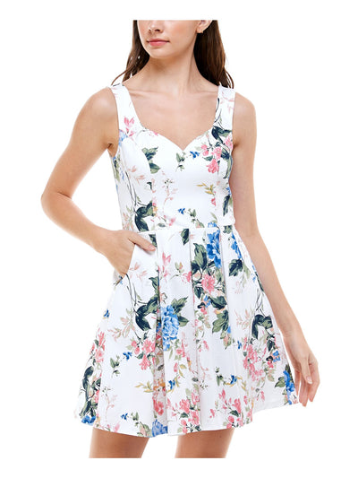 TRIXXI Womens White Pocketed Zippered Floral Sleeveless V Neck Mini Party Fit + Flare Dress 3