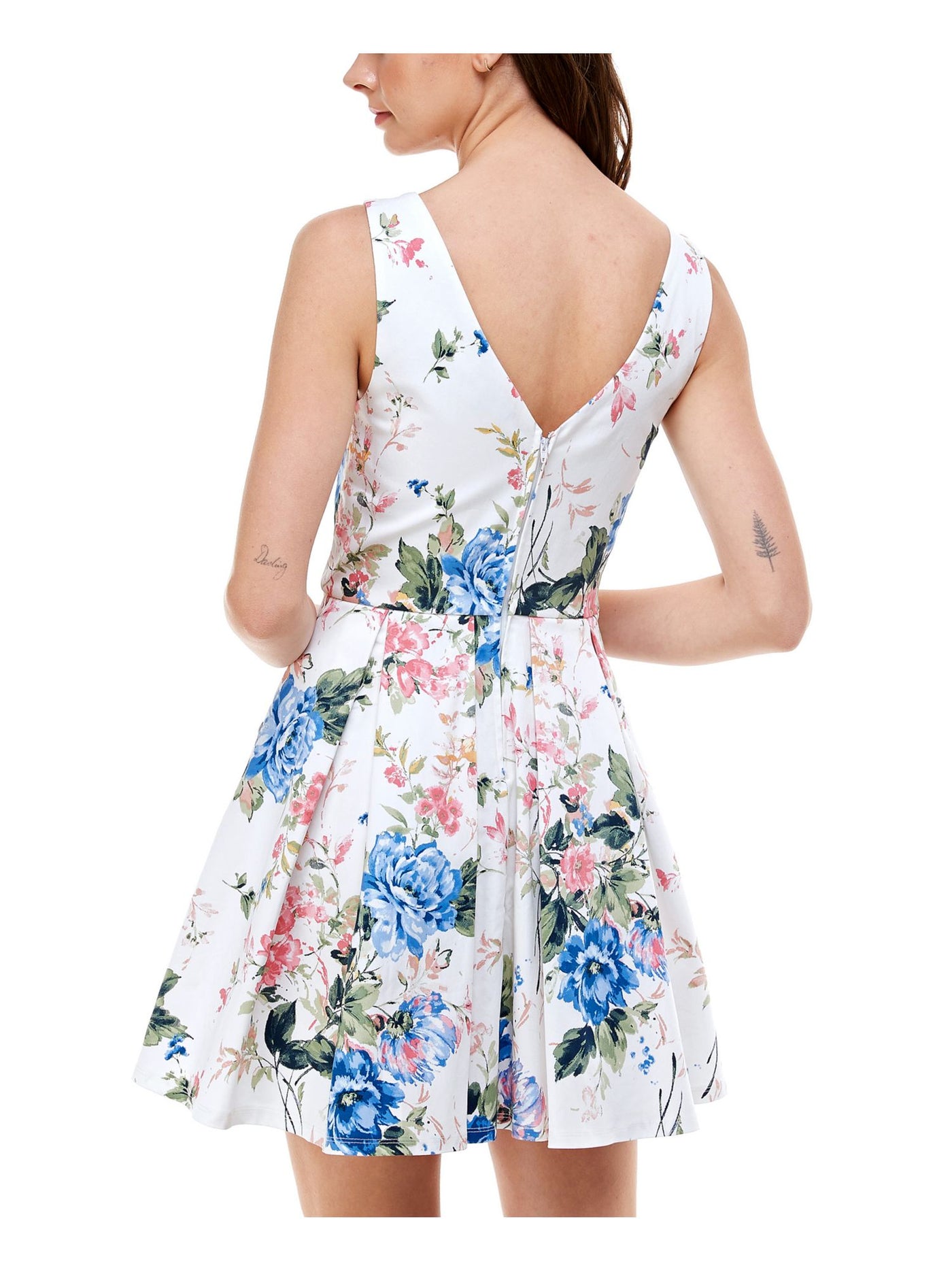 TRIXXI Womens Ivory Pocketed Zippered Floral Sleeveless V Neck Mini Party Fit + Flare Dress 11