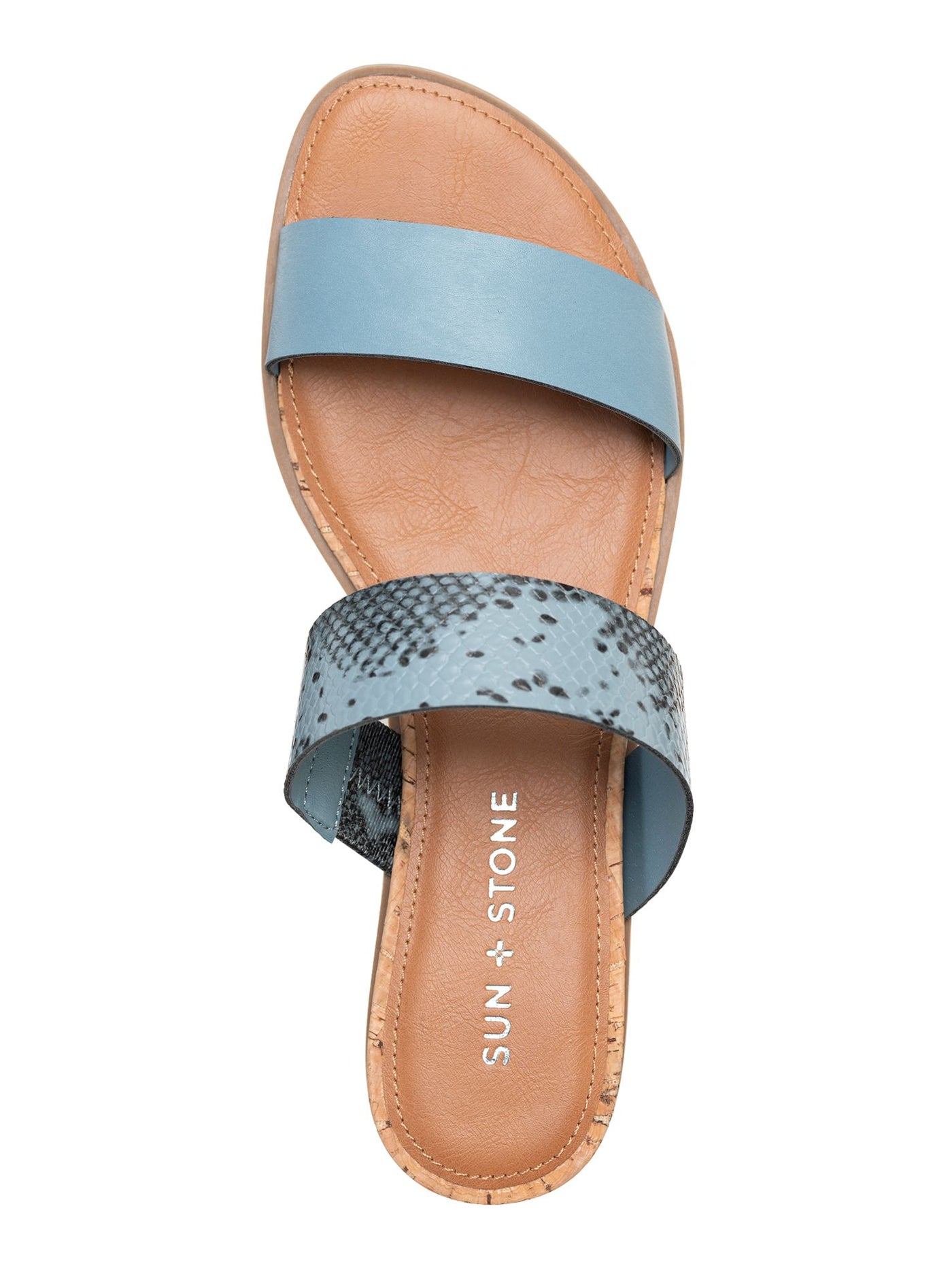 SUN STONE Womens Light Blue Snakeskin Cushioned Slip Resistant Easten Round Toe Wedge Slip On Slide Sandals Shoes 7.5 W
