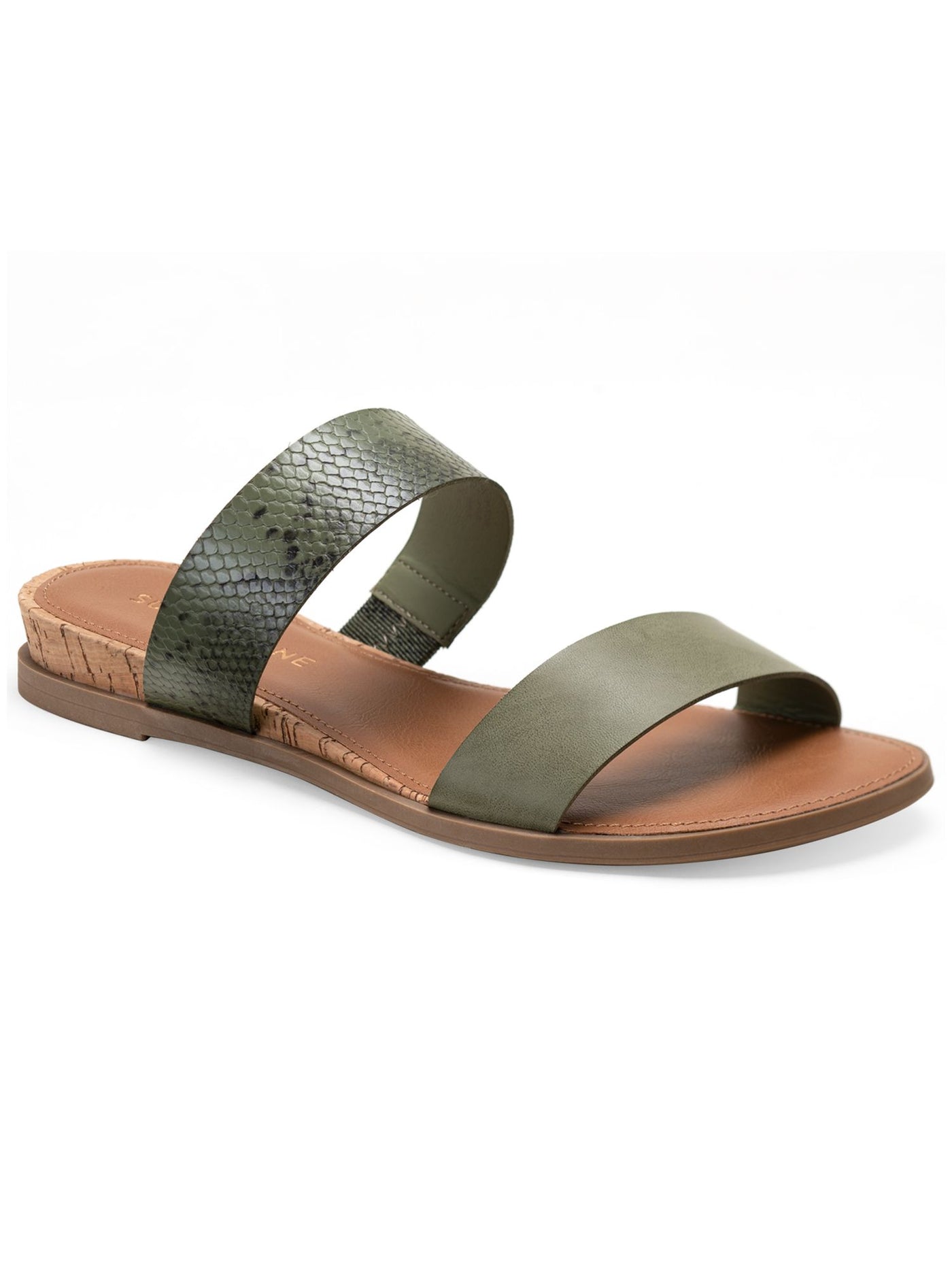 SUN STONE Womens Green Snakeskin Cushioned Slip Resistant Easten Round Toe Wedge Slip On Slide Sandals Shoes 9.5 M