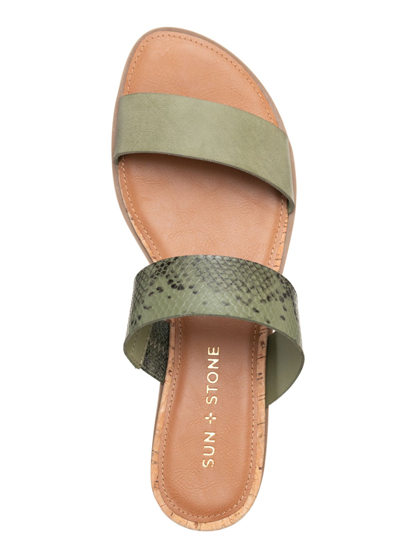 SUN STONE Womens Green Snakeskin Cushioned Slip Resistant Easten Round Toe Wedge Slip On Slide Sandals Shoes 9.5 M