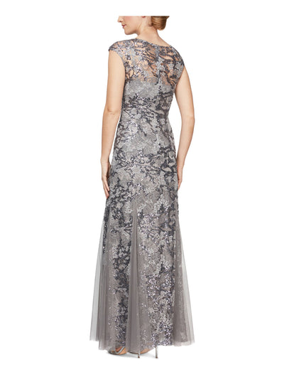 ALEX EVENINGS Womens Silver Sequined Embroidered Godet Zippered Lined Shawl Cap Sleeve V Neck Full-Length Evening Gown Dress 10