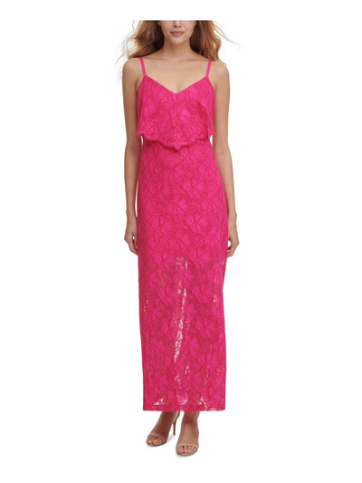GUESS Womens Pink Stretch Slitted Lace Popover Layer With Scalloped Edg Floral V Neck Maxi Shift Dress 4