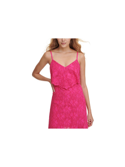 GUESS Womens Pink Stretch Slitted Lace Popover Layer With Scalloped Edg Floral V Neck Maxi Shift Dress 10