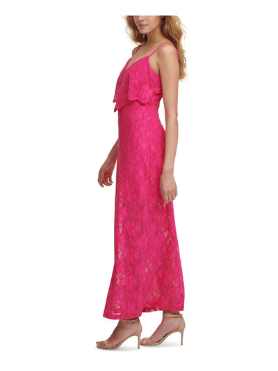 GUESS Womens Pink Stretch Slitted Lace Popover Layer With Scalloped Edg Floral V Neck Maxi Shift Dress 10
