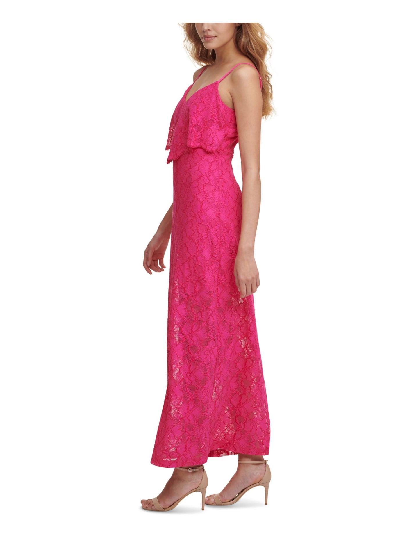 GUESS Womens Pink Stretch Slitted Lace Popover Layer With Scalloped Edg Floral V Neck Maxi Shift Dress 6