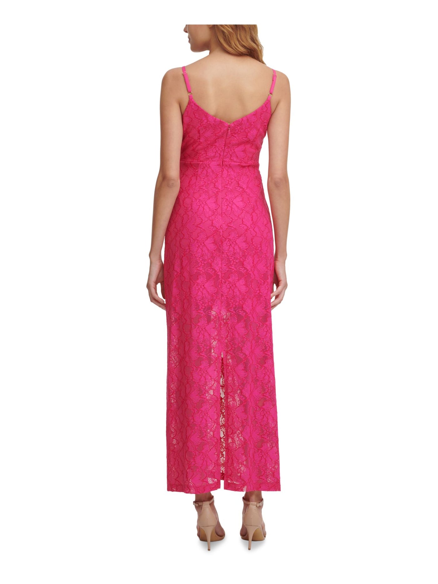 GUESS Womens Pink Stretch Slitted Lace Popover Layer With Scalloped Edg Floral V Neck Maxi Shift Dress 8