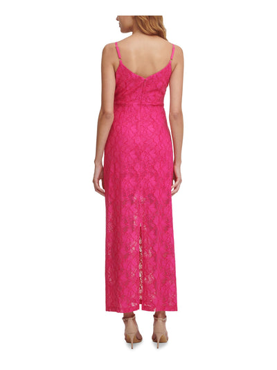 GUESS Womens Pink Stretch Slitted Lace Popover Layer With Scalloped Edg Floral V Neck Maxi Shift Dress 16