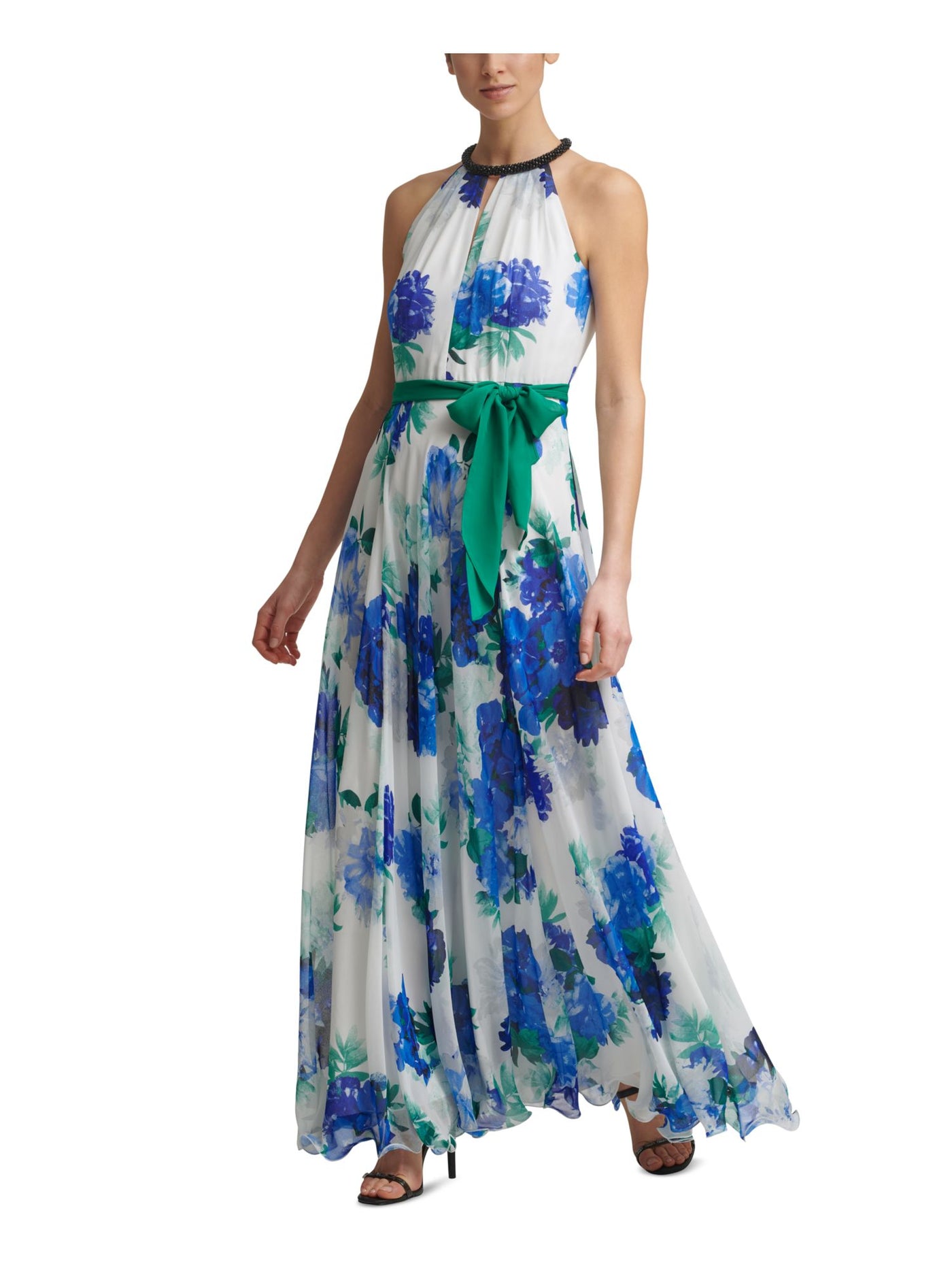 CALVIN KLEIN Womens Blue Embellished Zippered Belted Sheer Lined Floral Sleeveless Halter Full-Length Formal Gown Dress 2