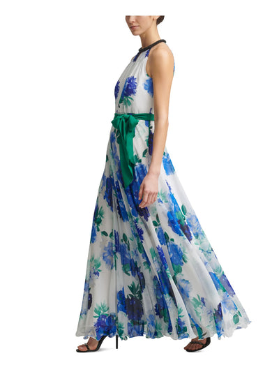 CALVIN KLEIN Womens Blue Embellished Zippered Belted Sheer Lined Floral Sleeveless Halter Full-Length Formal Gown Dress 2