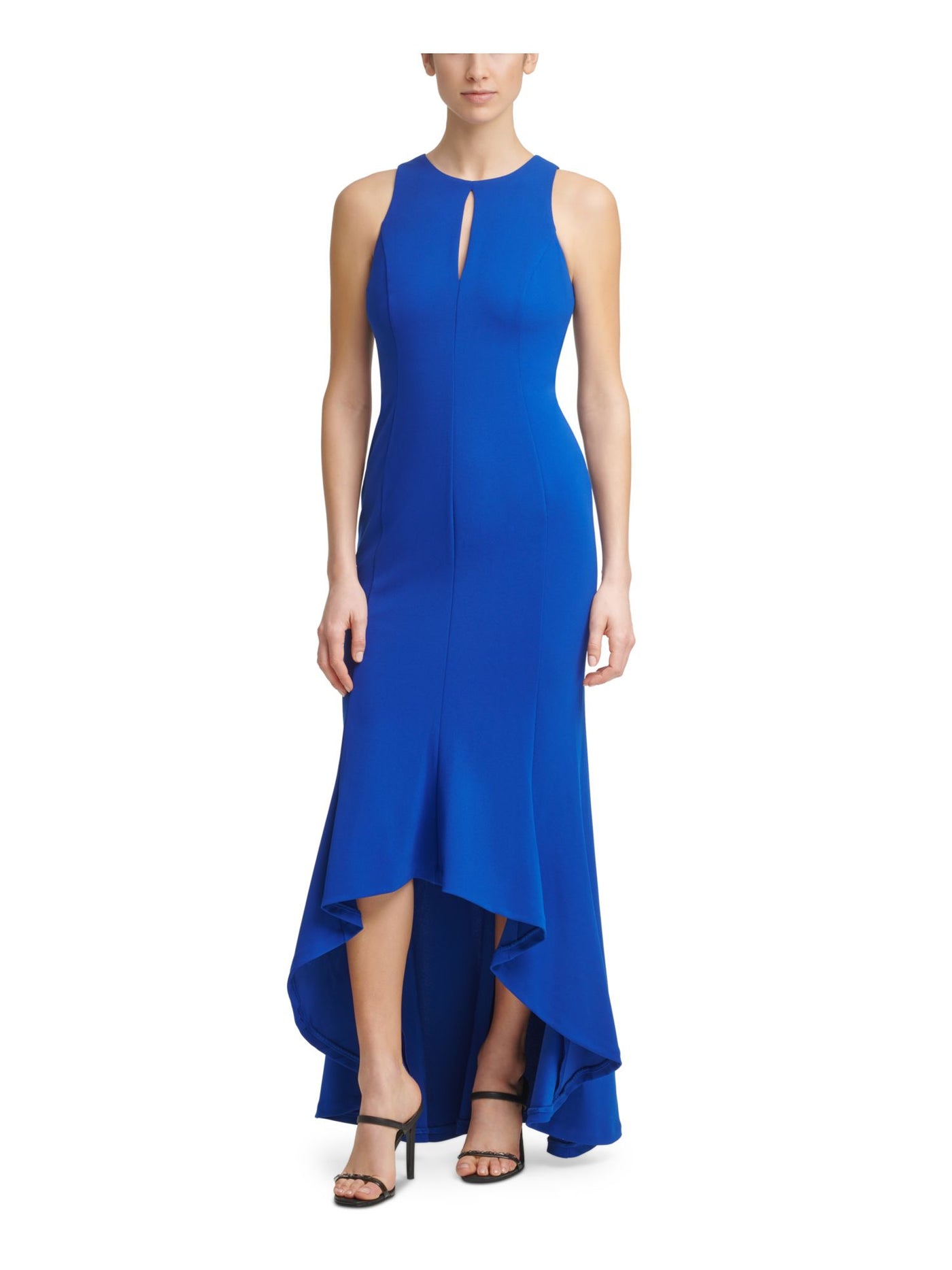 CALVIN KLEIN Womens Blue Zippered Fitted Scuba-crepe Hi-lo Hem Sleeveless Keyhole Full-Length Formal Gown Dress 10