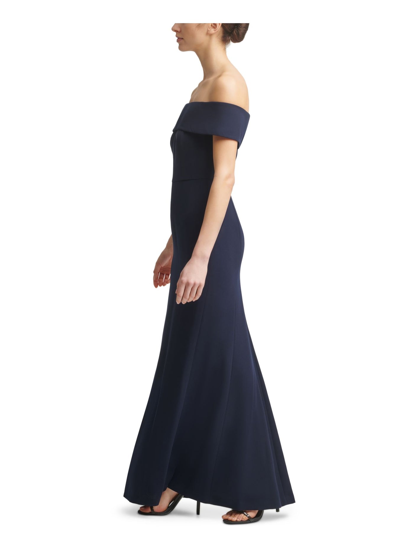 CALVIN KLEIN Womens Navy Zippered Crepe Short Sleeve Off Shoulder Full-Length Formal Gown Dress 6