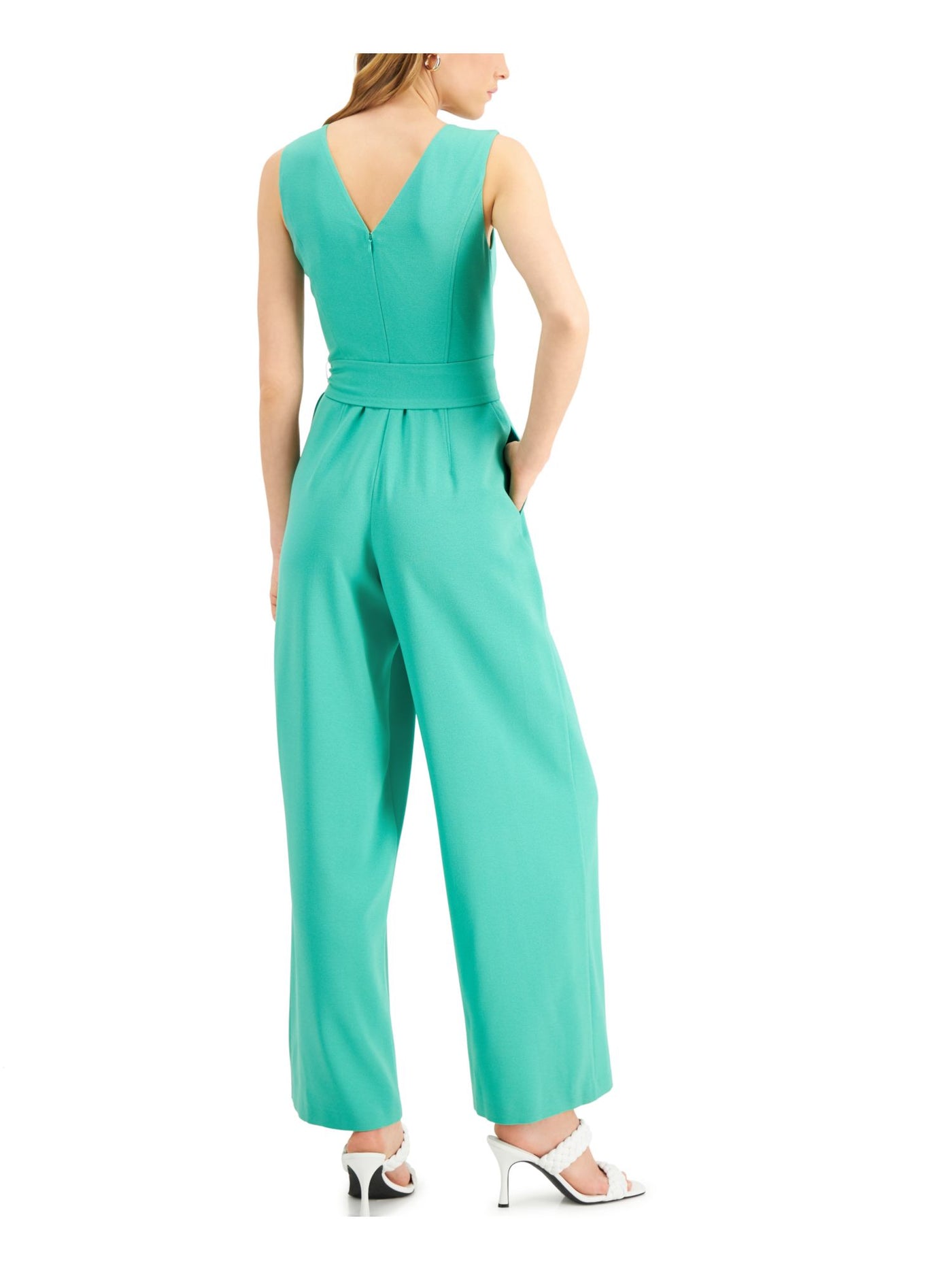 INC Womens Green Stretch Zippered Pocketed Scuba Crepe Tie Sleeveless V Neck Wear To Work Wide Leg Jumpsuit 4