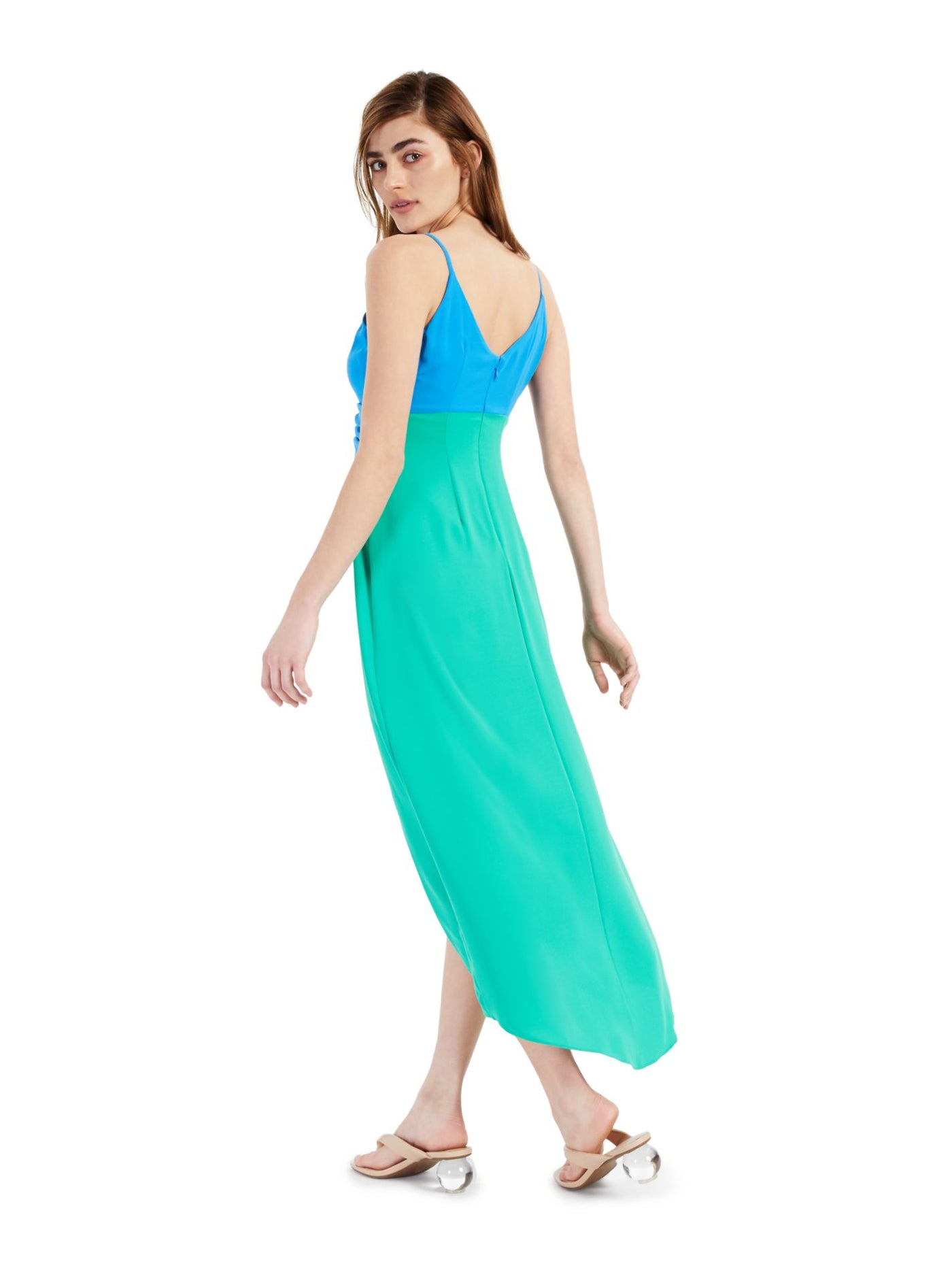 BAR III DRESSES Womens Green Zippered Darted Scuba-crepe Color Block Spaghetti Strap V Neck Maxi Hi-Lo Dress S