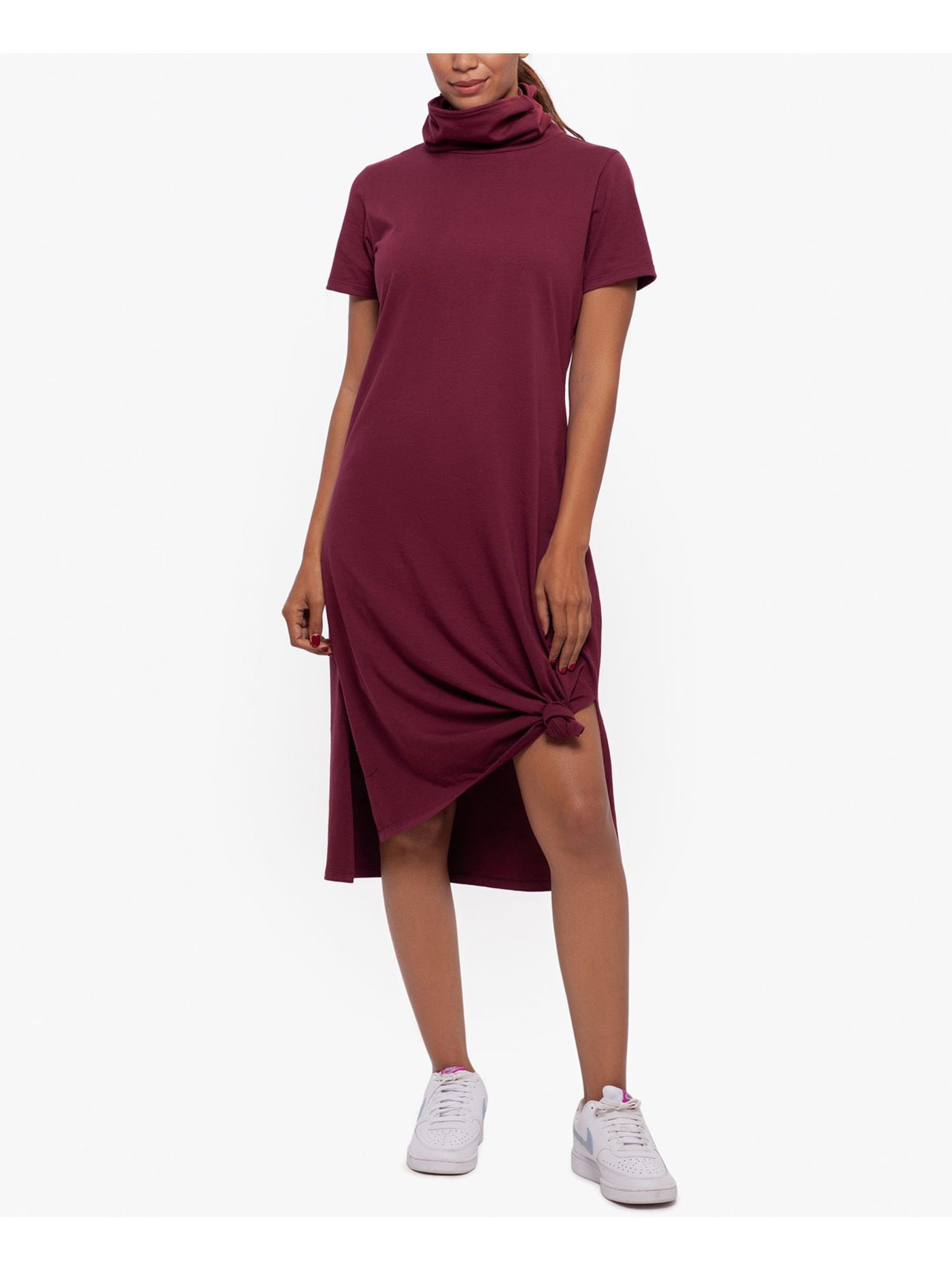 midi shift dress with short sleeves Club Mystique Short Sleeve Midi Shift Dress Palm Print Pockets Womens Size M
