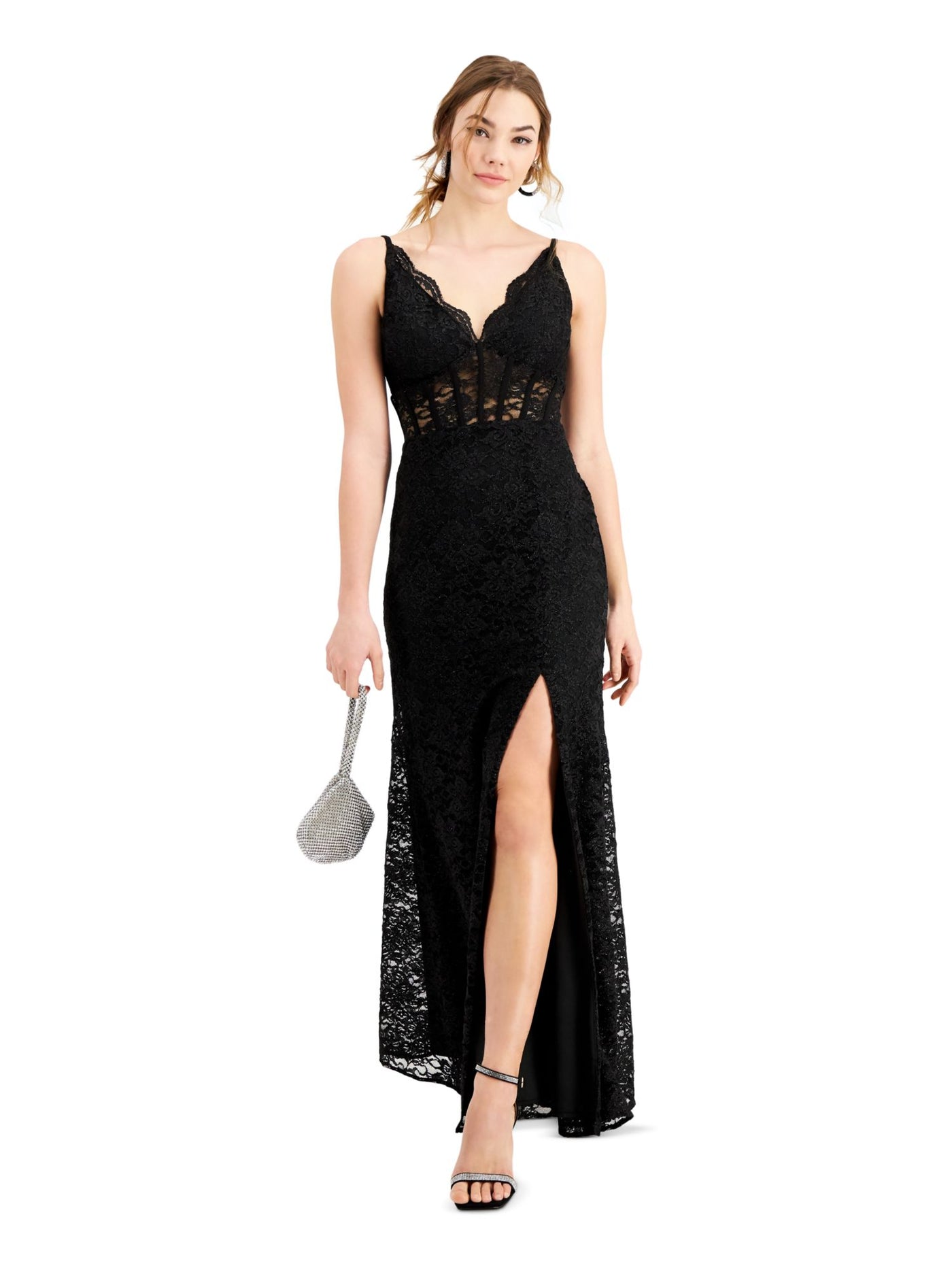 MORGAN & CO Womens Black Lace Scalloped Glitter Slitted Floral Spaghetti Strap V Neck Full-Length Prom Gown Dress Juniors 3