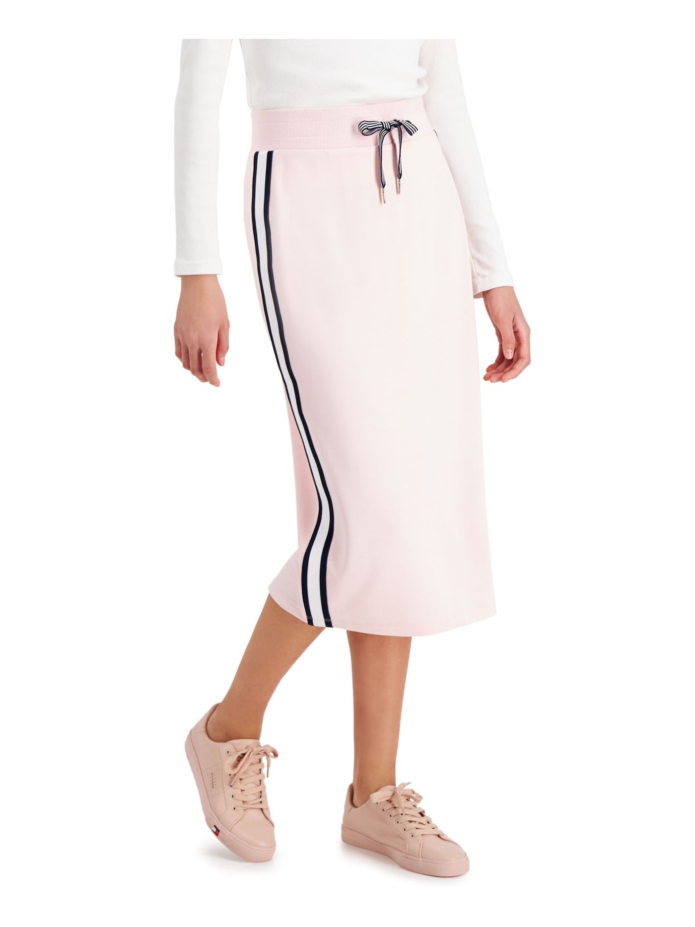 TOMMY HILFIGER Womens Pink Stretch Ribbed Tie Pull-on Drawstring Midi Pencil Skirt S