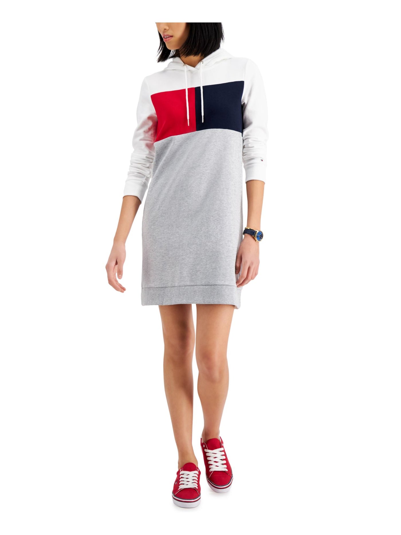 TOMMY HILFIGER Womens White Cotton Blend Ribbed Drawstring Hooded Sweatshirt Color Block Long Sleeve Above The Knee Dress XS