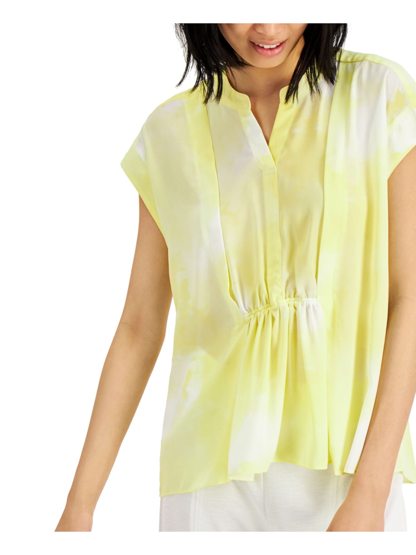 ALFANI Womens Yellow Acid Wash Cap Sleeve Tunic Top L