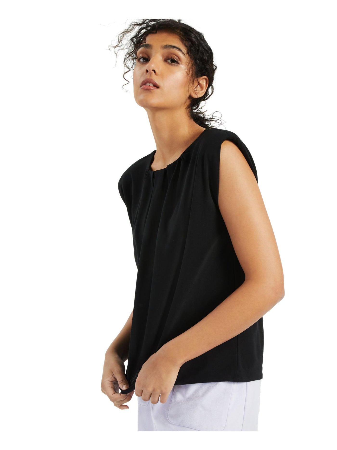 ALFANI Womens Black Pleated Sleeveless Crew Neck Evening Top M