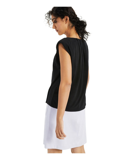 ALFANI Womens Black Pleated Sleeveless Crew Neck Evening Top M