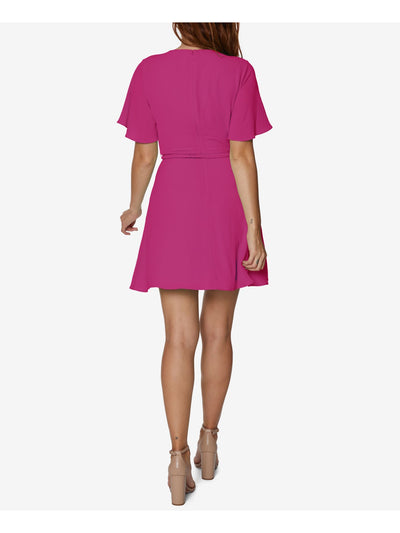 SAGE Womens Pink Zippered Belted Short Sleeve Scoop Neck Mini Evening Fit + Flare Dress Petites 8P