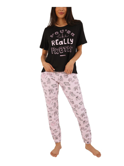 RETROSPECTIVE CO. Womens Black Graphic Elastic Band T-Shirt Top Cuffed Pants Pajamas S